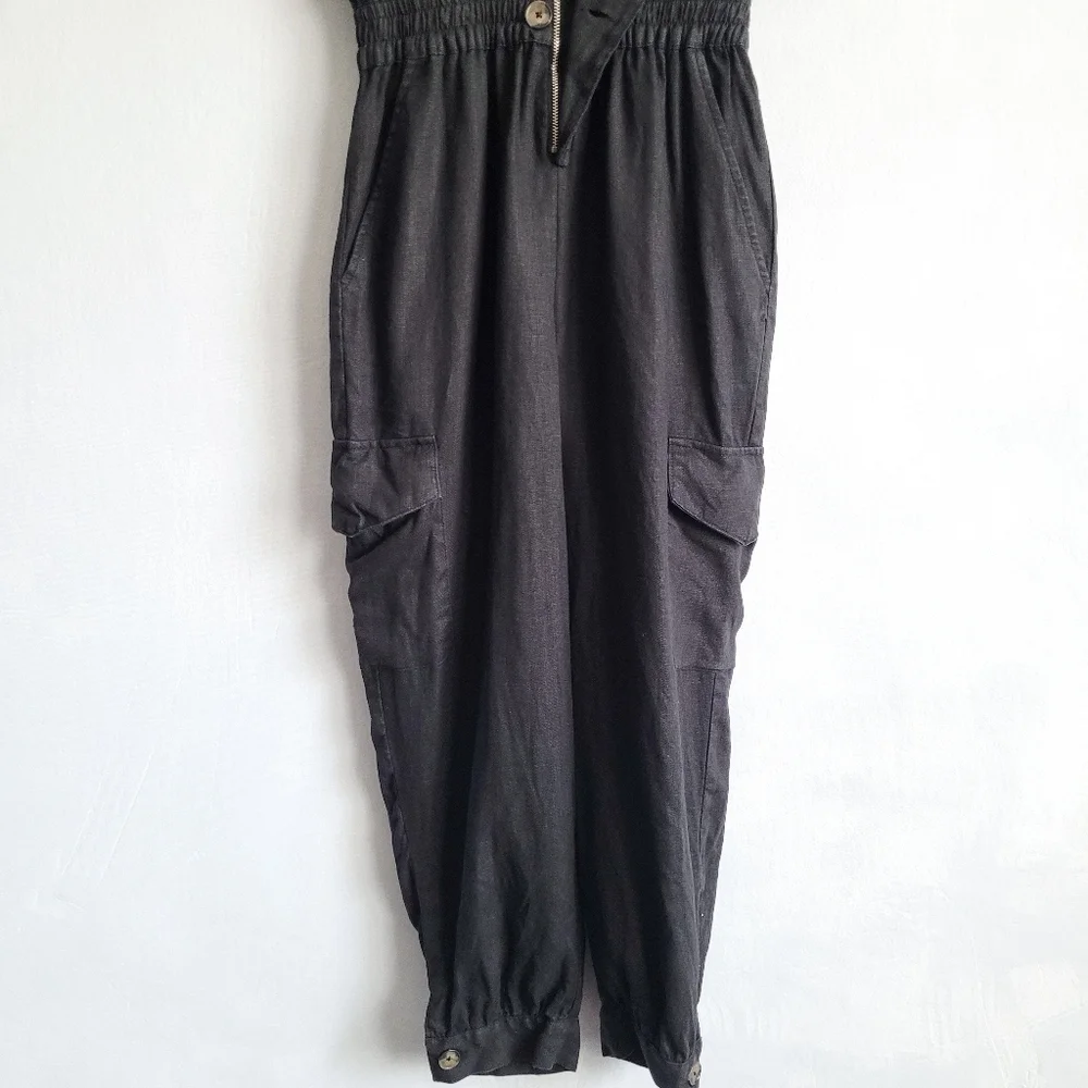 Zara Linen Utility Cargo Black Collared Military Jumpsuit Size Small - Picture 5 of 7